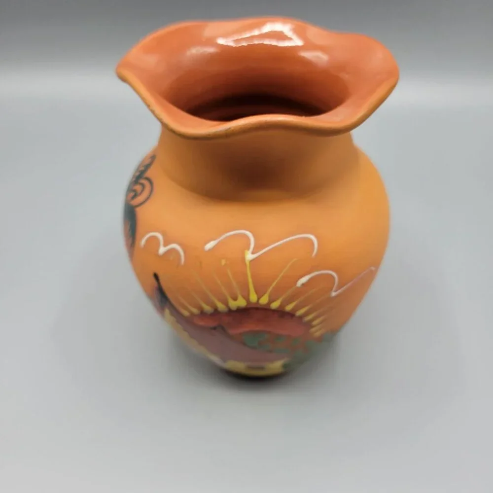 Vintage Hand Painted Terracotta Vase Scenic Design Flared Rim Signed Punta Cana - Picture 2 of 13